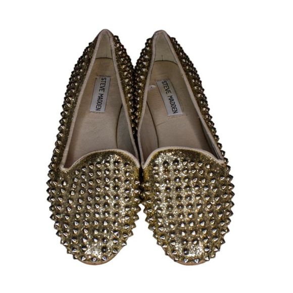 Steve Madden Studlyy Flats Gold Leather Studded Glitter Slip Ons 7M - Picture 2 of 6